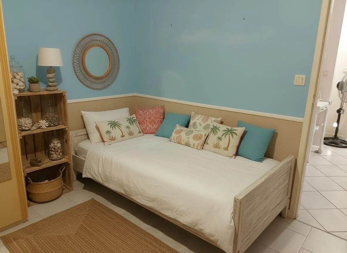 La chambre avant : murs bleus et décoration bord de mer
